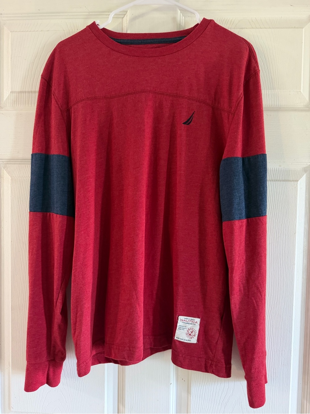 Nautica Red Long-Sleeve Crew with Navy Sleeve Panels